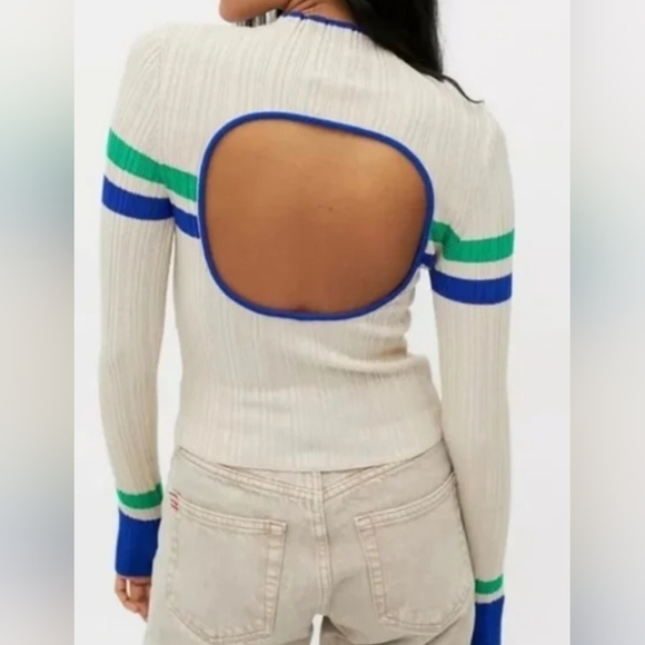 UO BDG Cream Sweater with Blue and Green Stripes Size S - Picture 2 of 5